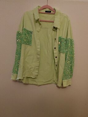 CHICME Lime Green Sequin Sleeve Button-Up Shirt